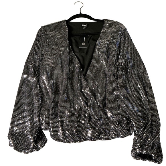 INC International Concepts Women's XL Silver Lurex Long Sleeve Wrap Top - Picture 1 of 8